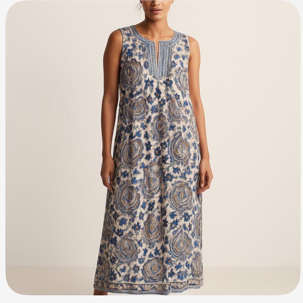 Max Studio Blue and Cream Patterned Midi Dress